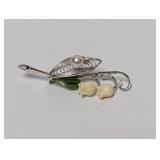 .925 Sterl Vtg Wells Floral Brooch w/Pearl Center