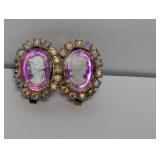 Purple Cameo Clip On Earrings w/Iridescent