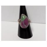 .925 Sterl Purple/Green Teardrop Gems Ring Sz 8