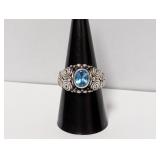 .925 Sterl Blue Stone Ring w/Ornate Swirls Sz 9