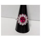 .925 Sterl Red/CZ Stone Halo Cocktail Ring Sz 10