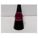 .925 Sterl Cushion Cut Ruby Ring w/Clear Accents