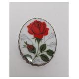 Vtg Hand Painted Red Rose Cameo Brooch