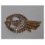 Vtg Clear & Amber Rhinestone Starburst Brooch