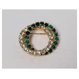 Vintage Circular Green & Clear Rhinestone Brooch
