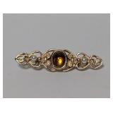 Gold Tone Filigree Amber Glass & Pearls Brooch