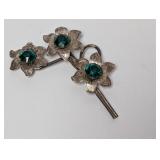 Mid Century Floral Brooch w/Green Gemstone