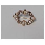 Gold Tone Brooch w/Opaline Accents & Rhinestones