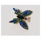 Vtg Blue & Green Rhinestone Butterfly Brooch