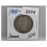 1908-O 90% Silv Barber Half $1 Dollar
