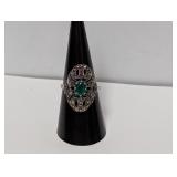 .925 Sterl Emerald/Marcasite Filigree Ring Sz 8