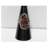 .925 Sterl Vtg Red Stone Floral Cluster Ring Sz 7