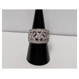 .925 Sterl Wide Floral Sparkling Accents Ring Sz