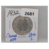 1932 80% Silv Canada Half $1 Dollar