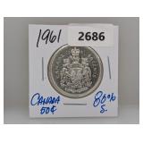 1961 80% Silv Canada Half $1 Dollar