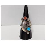 .925 Sterling Turquoise and Red Coral Ring Sz 10