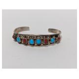 .925 Sterling Turquoise & Red Coral Cuff Bracelet