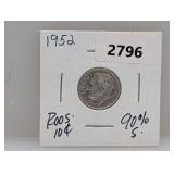1952 90% Silv Roos Dime