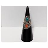 .925 Sterling Silv Turquoise Red Coral Ring Sz 5