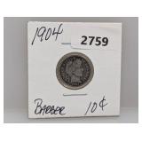 1904 90% Silv Barber Dime