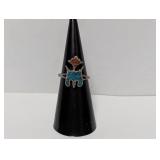 .925 Sterl Turquoise & Coral Inlay Ring Sz 5.5