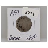1909 90% Silv Barber Quarter