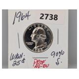 1964 90% Silv PF AU/BU Wash Quarter