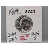 1964 90% Silv AU/BU Wash Quarter