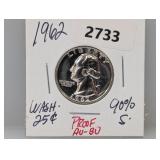 1962 90% Silv PF AU/BU Wash Quarter