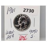 1961 90% Silv PF AU/BU Wash Quarter
