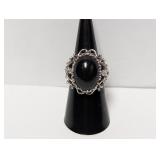 .925 Sterl Lg Black Cabochon Ring Sz 7