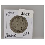 1911-S 90% Silv Barber Half $1 Dollar