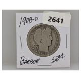 1908-D 90% Silv Barber Half $1 Dollar
