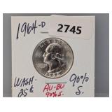 1964-D 90% Silv AU/BU Wash Quarter