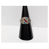 .925 Sterl Coral & Turquoise Inlay Ring Sz 6