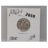 1942-D 90% Silv Mercury Dime
