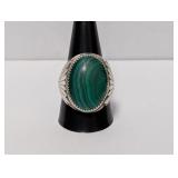 .925 Sterl Lg Oval Malachite Stone Ring Sz 11