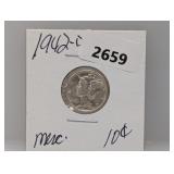 1942-D 90% Silv Mercury Dime