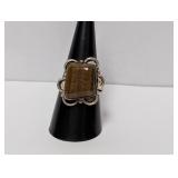 .925 Sterl Brown Stone Ornate Ring Sz 10