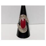 .925 Sterl Oblong Red Stone Ring Sz 9