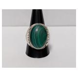 .925 Sterl Lg Oval Malachite Stone Ring Sz 11