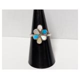 .925 Sterl Mother of Pearl/Turq Flower Ring Sz 7