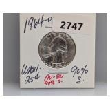 1964-D 90% Silv AU/BU Wash Quarter