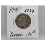 1908-O 90% Silv Barber Quarter