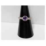 .925 Sterl Round Purple Stone Ring Sz 7