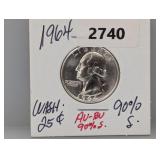 1964 90% Silv AU/BU Wash Quarter