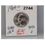 1964-D 90% Silv AU/BU Wash Quarter
