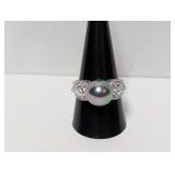 .925 Sterl Dark Pearl w/Side Stone Ring Sz 10
