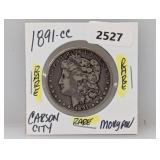 Rare 1891-CC 90% Silv Morgan $1 Dollar