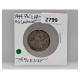 1944 74% Silv Philippines 50 Centavos